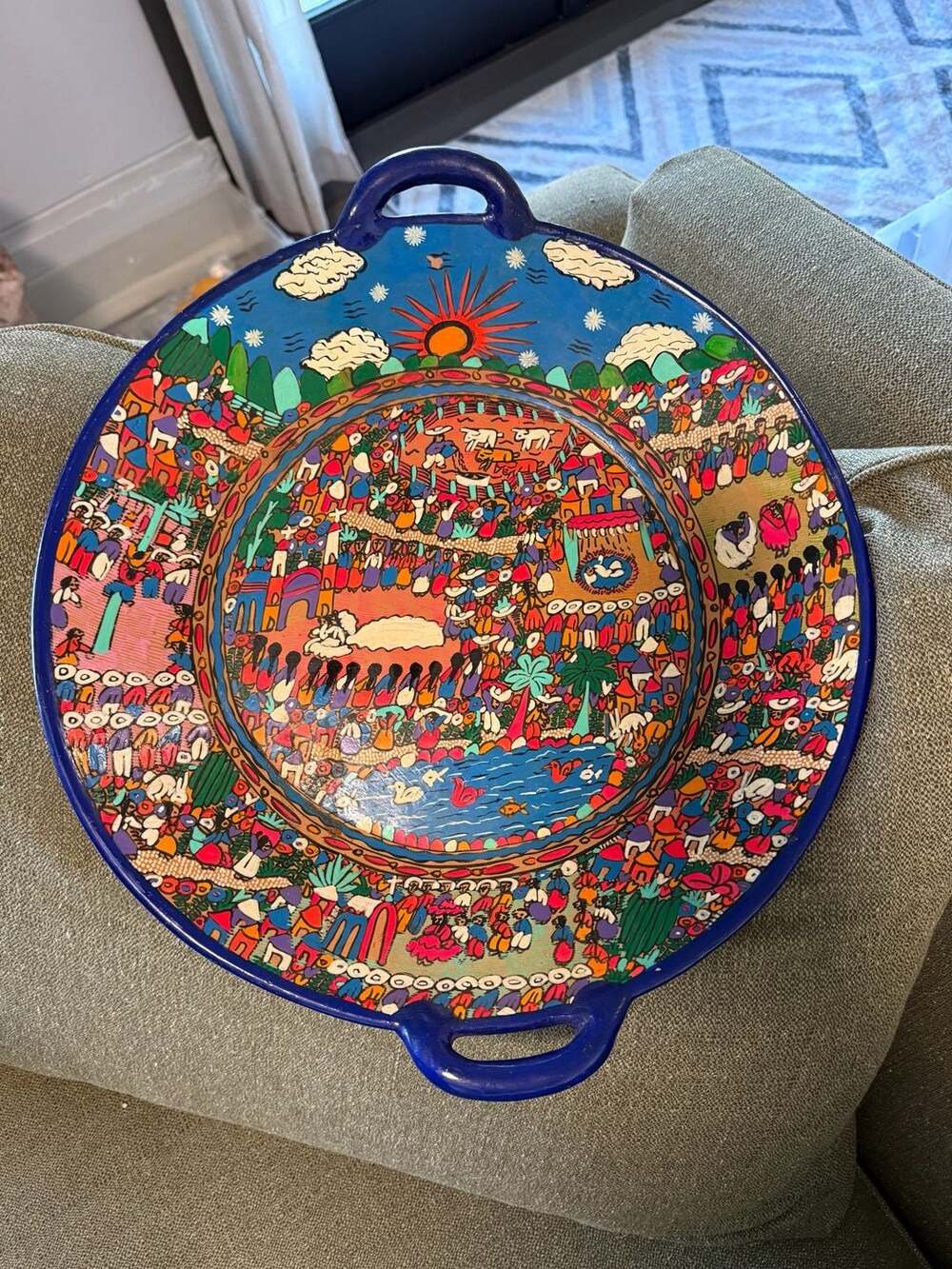 Mexican Folk Art Hand Painted Story Platter With Handles Village Life